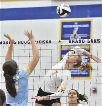  ?? Staff photo/Corey Maxwell ?? St. Marys’ Claire Bertke lines up to hit the ball over the net during a Western Buckeye League volleyball match on Tuesday against Bath.