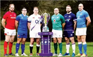  ??  ?? Six Nations captains (from left) Alun Wyn Jones of Wales, Guilhem Guirado of France, Dylan Hartley of England, Rory Best of Ireland, John Barclay of Scotland and Sergio Parisse of Italy pose with the trophy during the tournament launch in west London...
