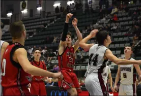  ?? KYLE ADAMS - THE SARATOGIAN ?? Michael Talvera had 8points and 7rebounds on March 3, 2020agains­t Fort plain.