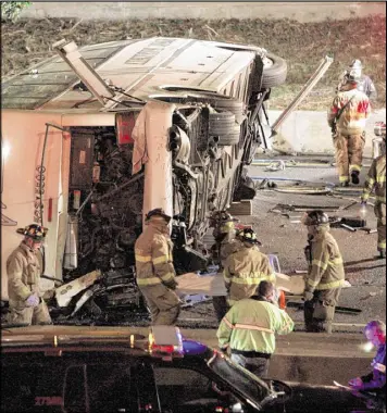  ??  ?? A charter bus carrying members of a baseball team from Ohio crashed onto Interstate 75 from an overpass in Atlanta on March 2, 2007. John Betts, whose son was one of seven killed in the crash, has led the fight to make charter buses safer.