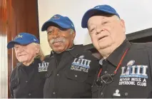  ?? HYOSUB SHIN / ASSOCIATED PRESS ?? Members of the Never Miss a Super Bowl Club, from the left, Tom Henschel, Gregory Eaton and Don Crisman pose for a group photograph during a welcome luncheon, in Atlanta ahead of the 2019 Super Bowl. The friends will be in the stands for this weekend’s Super Bowl 58.