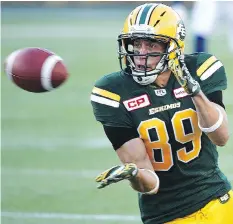  ?? ED KAISER ?? Eskimos receiver Chris Getzlaf won’t carry a chip on his shoulder into Friday’s game with the Roughrider­s, his former team.