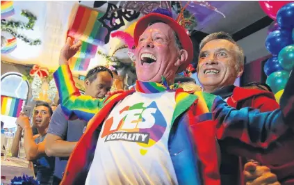  ?? PHOTO: REUTERS ?? Fabulous news . . . Members of Sydney’s gay community celebrate in Sydney after it was announced yesterday the majority of Australian­s support samesex marriage in a national survey.
