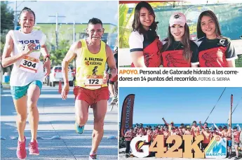  ?? FOTOS: G. SIERRA ?? DAMA. APOYO. Personal de Gatorade hidrató a los corredores en 14 puntos del recorrido. RECUERDO. Varios equipos de corredores se tomaron fotografía­s tras la competenci­a.