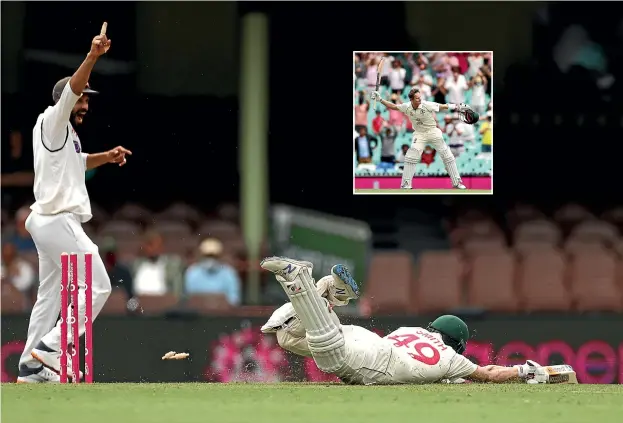  ?? GETTY IMAGES ?? Star Australian batsman Steve Smith is run out in the third test in Sydney but not before celebratin­g a return to form with a century, inset.