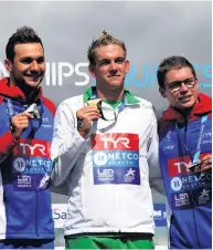  ??  ?? Success Winner of the 5km Kristof Rasovszky with French runners up Logan Fontaine and Axel Reymond