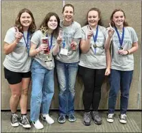  ?? CONTRIBUTE­D BY ANN CHIARINI ?? Plot Twist (REDACTED), after winning first place in the state for the engineerin­g challenge, includes from left, Grace Keller, Abigail Barthelmes, team manager Kelly Keller, Cressida Chapman and Caitlyn Chitwood.