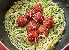  ?? Tribune News Service ?? ■ Rocco DiSpirito’s mother’s meatballs were legendary at the now defunct Rocco’s on 22nd Street, a red-sauce restaurant in New York City. He gives the meatballs a keto twist by using cheese crisps instead of breadcrumb­s and serving them with zoodles instead of pasta.