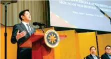  ?? ?? President Ferdinand Marcos Jr speaks to a Japanese crowd in Tokyo during a recent visit.