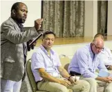  ?? Picture: WERNER HILLS ?? SHARING IDEAS: At the agricultur­al stakeholde­r meeting at Africanos Country Estate in Addo yesterday are, from left, National Agricultur­al Marketing Council senior manager Bonani Nyhodo, Cape Wools chief executive Deon Saayman and Agri EC chief executive Brent McNamara