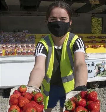  ??  ?? Annalise Crean selling strawberri­es last weekend outside Wexford town.