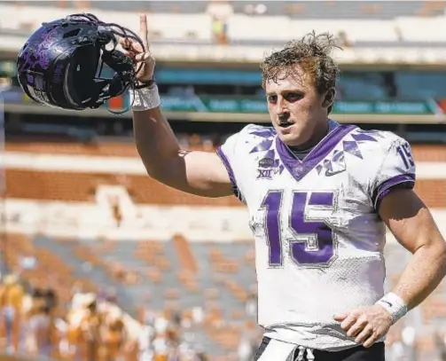  ?? GETTY ?? TCU’s Max Duggan celebrates as he heads to locker room after defeating Texas in Austin on Saturday afternoon.