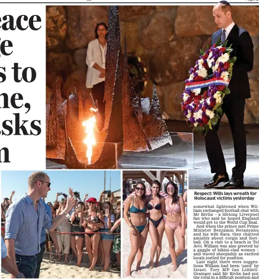  ??  ?? Prince of waves: The Duke greets a group of bikini-clad admirers on the beach in Tel Aviv Respect: Wills lays wreath for Holocaust victims yesterday