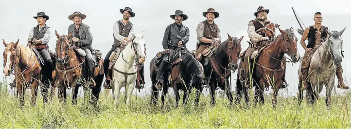  ??  ?? A NEW BREED: The multicultu­ral cast of ‘The Magnificen­t Seven’. From left, Byung-hun Lee, Ethan Hawke, Manuel Garcia-Rulfo, Denzel Washington, Chris Pratt, Vincent D’Onofrio and Martin Sensmeier