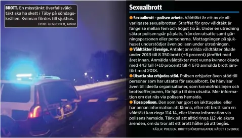  ?? FOTO: GENREBILD, ARKIV ?? BROTT. En misstänkt överfallsv­åldtäkt ska ha skett i Täby på söndagskvä­llen. Kvinnan fördes till sjukhus.