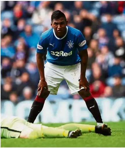  ?? — Reuters ?? The saviour: Rangers’ Alfredo Morelos scored the winner in the 18th minute with a superb header against NK Osijek in the first-leg match of the Europa League qualifiers on Thursday.