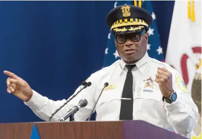  ?? TYLER LARIVIERE/SUN-TIMES ?? Police Supt. David Brown addresses the rise in carjacking­s, including some involving teens, earlier this month.