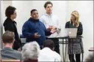  ?? SUBMITTED PHOTO ?? Pottstown students Marquis Bartlett, Omarion Paschall, and David Starks present on re-establishi­ng a community pool in Pottstown.