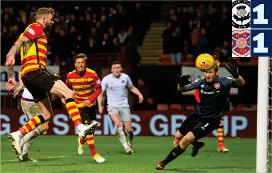  ??  ?? Partick Thistle defender Christie EIliott volleys home the equaliser at Firhill to force a replay at Tynecastle next Tuesday to decide the quarter final