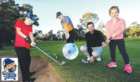  ?? Picture: GLENN FERGUSON ?? IT’S ALL ACADEMIC: Geelong Junior Golf Academy’s Ty Lawson watches the form of (from left) Aiden Bourke, 9, Ryan Bourke, 12, and Elsie Schmidt, 5, at Geelong Golf Club.