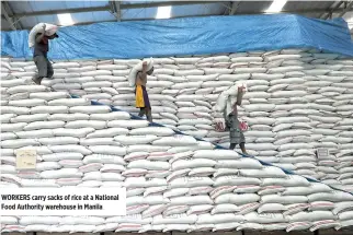  ??  ?? WORKERS carry sacks of rice at a National Food Authority warehouse in Manila