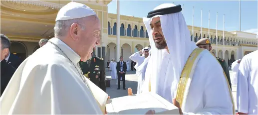  ?? (Reuters) ?? POPE FRANCIS talks with Abu Dhabi’s Crown Prince Mohammed bin Zayed Al-Nahyan during a farewell ceremony before leaving Abu Dhabi earlier this week.