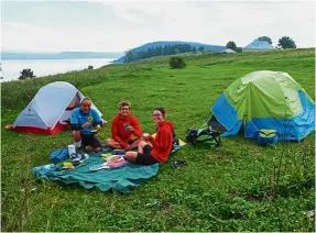  ?? — PETER YOONG ?? Yoong (left) with Belgian couple Coco and Violette in Georgia. They met a few times in Georgia before they decided to cycle over 500km together towards the Black Sea from Tbilisi.