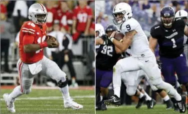  ?? FILE — THE ASSOCIATED PRESS ?? Ohio State quarterbac­k J.T. Barrett plays against Oklahoma during the first half of an NCAA college football game in Columbus, Ohio. At right, in an file photo, Penn State quarterbac­k Trace McSorley (9) scores a touchdown by running during the second...