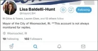  ??  ?? Pictured, the home user page for Mayor Lisa Baldelli-Hunt’s new Twitter account.