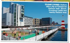  ??  ?? CLEAN LIVING: Visitors take a dip at Fisketorve­t Harbour bath. Above: Kronborg Castle and nearby harbour area