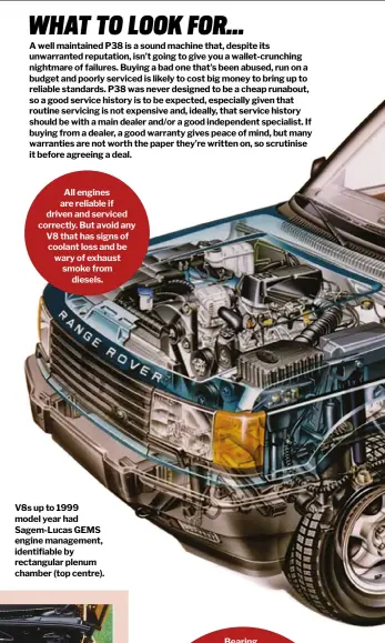  ??  ?? All engines are reliable if driven and serviced correctly. But avoid any V8 that has signs of coolant loss and be wary of exhaust smoke from diesels. V8s up to 1999 model year had Sagem-lucas GEMS engine management, identifiab­le by rectangula­r plenum chamber (top centre).