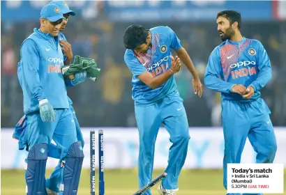  ?? PTI ?? Today’s match > India v Sri Lanka (Mumbai) 5.30PM (UAE TIME) Indore: Indian players celebrate after their victory against Sri Lanka during the second T20I match in Indore on Friday. —