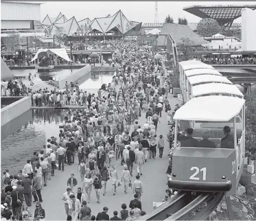  ??  ?? A mini rail on Île Notre-Dame showing the Canadian Pavilion during Expo 67. The photo was taken by former Montreal Gazette photograph­er Gordon Beck. “It was an amazing period in my life,” Beck said of the event.