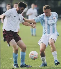  ??  ?? Ashbrooke Belford House (stripes) take on South Shields Reserves in last week’s Monkwearmo­uth Cup defeat. Pictures by Tim Richardson