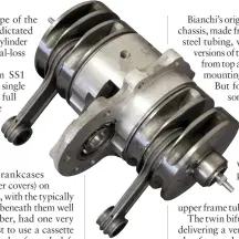  ??  ?? ABOVE: The chunky alloy housing for the inner main bearings is fixed rigidly to the crankcase to avoid vibration and permit high revs