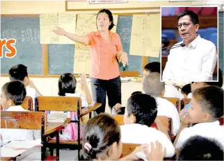  ?? PHOTOS FROM WWW.OFFICIALGA­ZETTE.GOV.PH AND REP. ROMULO’S OFFICE ?? ■ Under the substitute bill for the Teacher Career Progressio­n Act bill sponsored by Pasig City Rep. Roman Romulo (inset), those whose passion is actual teaching will remain in classrooms yet still attain the income of a school head.