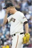  ?? Jeff Chiu / Associated Press ?? Matt Cain reacts after allowing an RBI double to Pittsburgh’s Josh Bell.