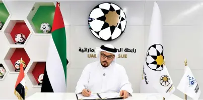  ??  ?? MEMORABLE: Abdulla Naser Al Junaibi, Chairman of the UAE Pro League, during the signing of the MoU. — Supplied photo