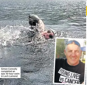  ??  ?? Simon Connolly completed an epic 16-hour swim in Loch Lomond