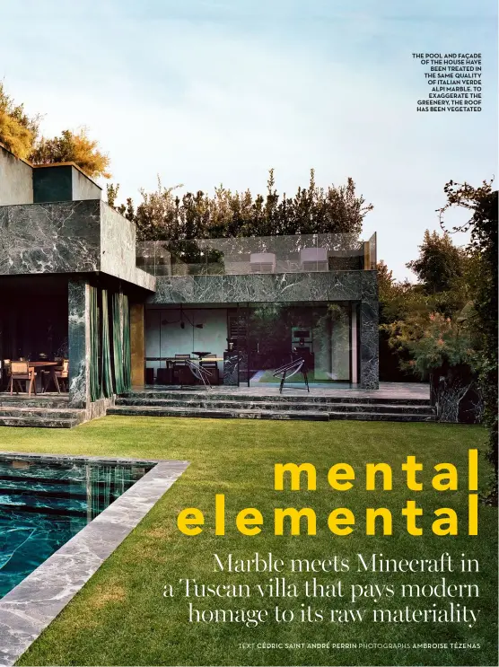  ??  ?? The pool and façade of The house have been Treated in The same quality of italian verde alpi marble. To exaggerate The greenery, The roof has been vegetated