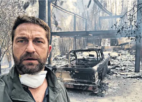  ??  ?? Gerard Butler, the British film actor, shared this image of his fire ravaged home in Malibu, California