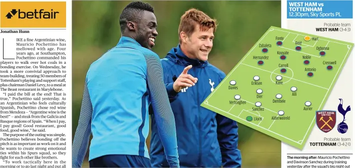  ??  ?? The morning after: Mauricio Pochettino and Davinson Sanchez during training yesterday after the squad’s big night out