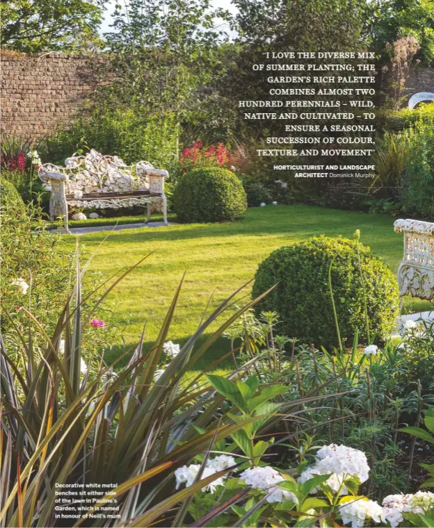  ??  ?? Decorative white metal benches sit either side of the lawn in Pauline’s Garden, which is named in honour of Neill’s mum