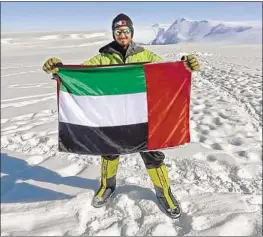  ??  ?? Shaikh Mohammad Bin Abdullah Al Thani on Mount Vinson in Antarctica. He has set the record as the first Emirati to reach the continent’s highest peak.