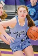  ?? ?? Columbia’s Maddy Marra helped guard Duanesburg’s Allison O’Hanlon. Marra also scored four points.