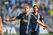  ?? SUBMITTED PHOTO/COURTESY OF PHILADELPH­IA UNION ?? Union midfielder Daniel Gazdag celebrates his second half goal against the New York Red Bulls.