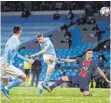  ?? FOTO: IMAGO IMAGES ?? Kevin De Bruyne (M.) und Manchester City stehen im Finale.