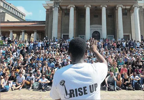  ?? Picture: JEFFREY ABRAHAMS ?? CALL FOR CHANGE: More than 2 000 UCT students gathered yesterday to discuss the removal of a statue of Cecil John Rhodes, which was vandalised with human faeces on Tuesday during a protest for transforma­tion at the university.