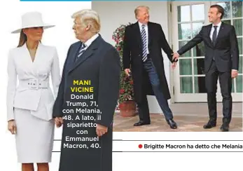  ??  ?? MANI VICINE Donald Trump, 71, con Melania, 48. A lato, il siparietto con Emmanuel Macron, 40.