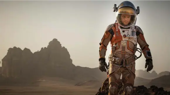  ??  ?? Matt Damon plays astronaut Mark Watney in The Martian, who has to learn to cope after being left behind on the red planet after an emergency evacuation by his other crew members.